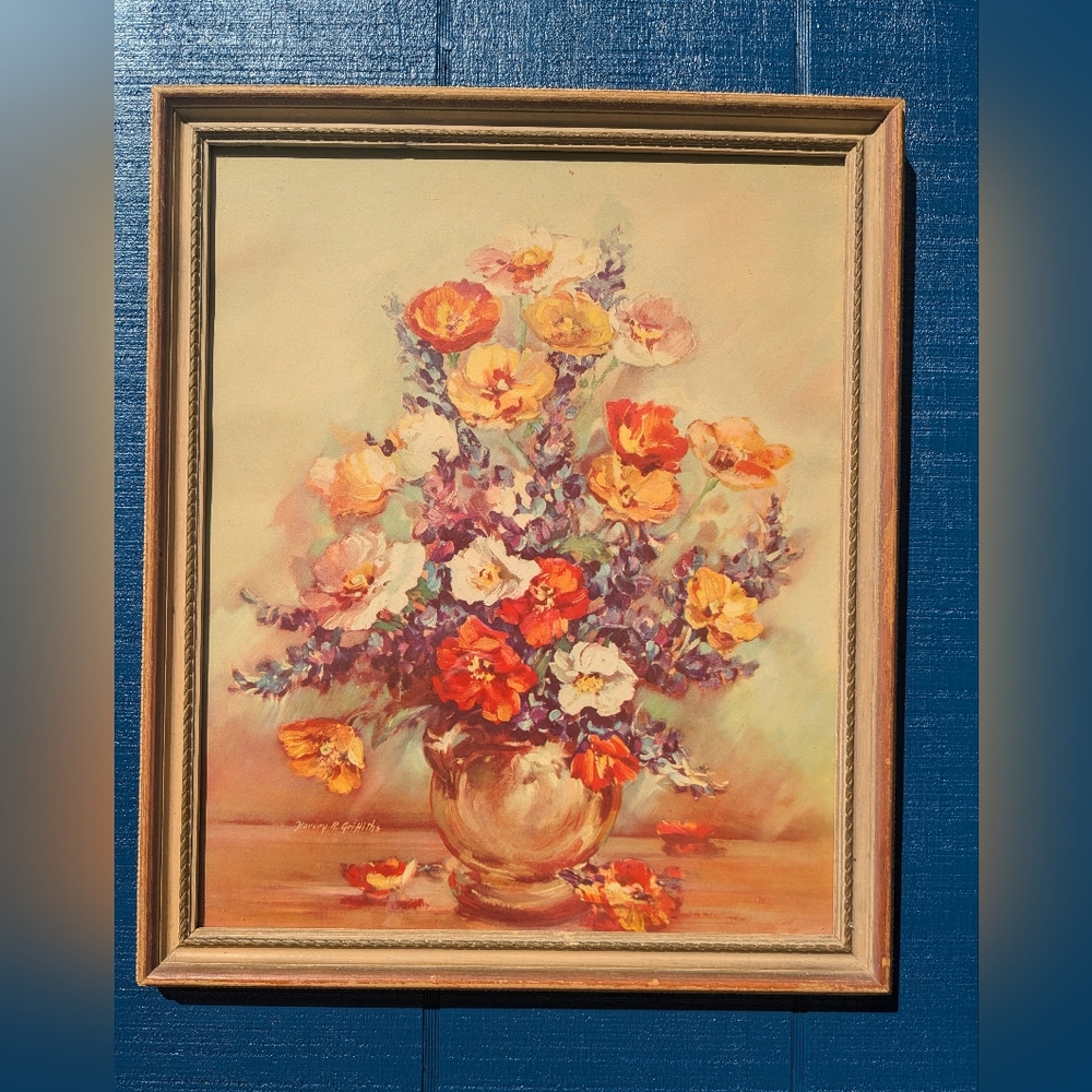 Vintage Still Life Floral Bouquet Framed Print Flower Picture MCM Cottagecore